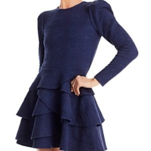 Aqua Bloomingdale’s Navy Fit and Flare Ruffle Hem Long Sleeve Dress Medium New